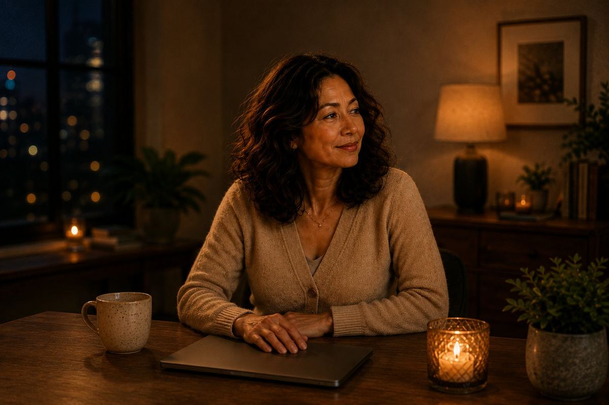 A woman sitting quietly at her desk at night, laptop closed, a moment of stillness